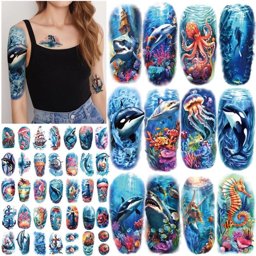 77 Sheets Temporary Tattoo for Women and Men, 17 Sheets Half Arm Shark Dolphin Jellyfish Turtle Fish Fake Tattoos, 60 Sheets Beach Ocean Tiny for Adults Kids Body Tattoos Stickers Waterproof Realistic