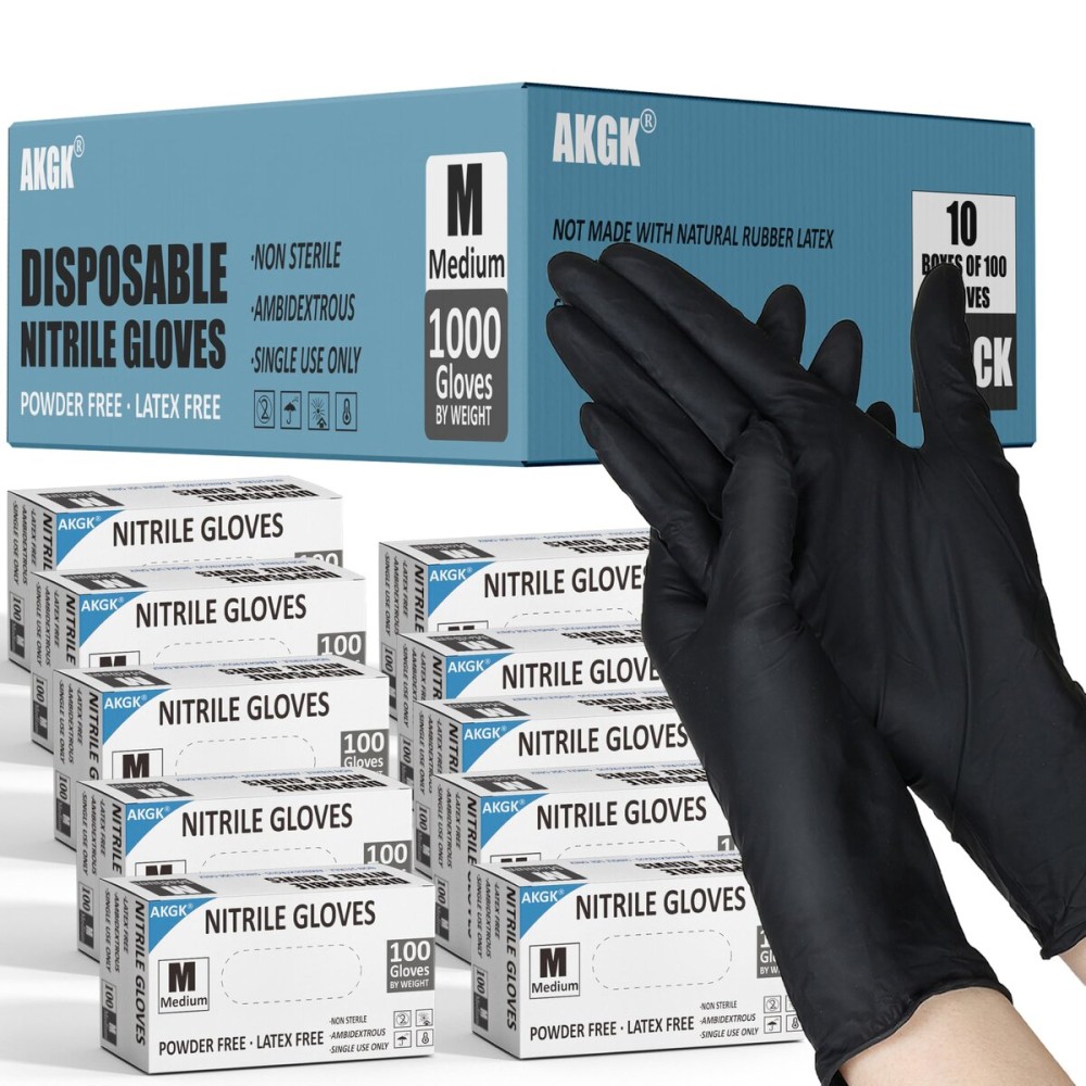 akgk Black Nitrile Disposable Gloves, 1000 PCS Exam Gloves, 4 Mil Medium, Food Safe, Cleaning Gloves, Latex & Powder-Free(Case of 1000, 10 Boxes of 100)