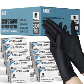 akgk Black Nitrile Disposable Gloves, 1000 PCS Exam Gloves, 4 Mil Medium, Food Safe, Cleaning Gloves, Latex & Powder-Free(Case of 1000, 10 Boxes of 100)
