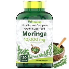 tnvitamins Moringa Capsules 10,000 mg - 120 Capsules | High Potency Moringa Leaf Extract Superfood Supplement for Energy, Vitality & Antioxidant Support