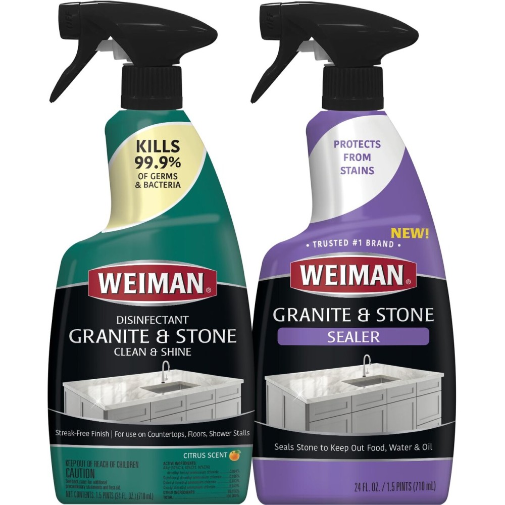 Weiman Disinfecting Granite & Stone Daily Cleaner and Sealer Kit - For Granite, Marble, Quartz, Quartzite, Slate - 24 oz Daily Kitchen Countertop Cleaner, 24 oz Granite & Stone Sealer
