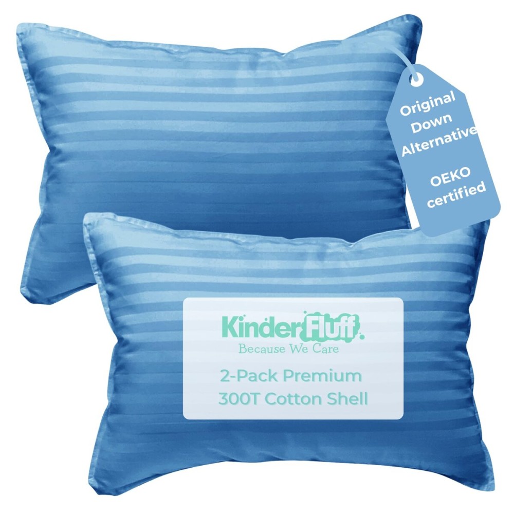 kinder Fluff Mini Toddler Pillows (2pk) 10x15in- The only Pillow for Kids 300T Cotton Shell & Down Alternative Fill - Machine Washable, Ideal Pillow for Kids Above 2 Years- Blue -XS