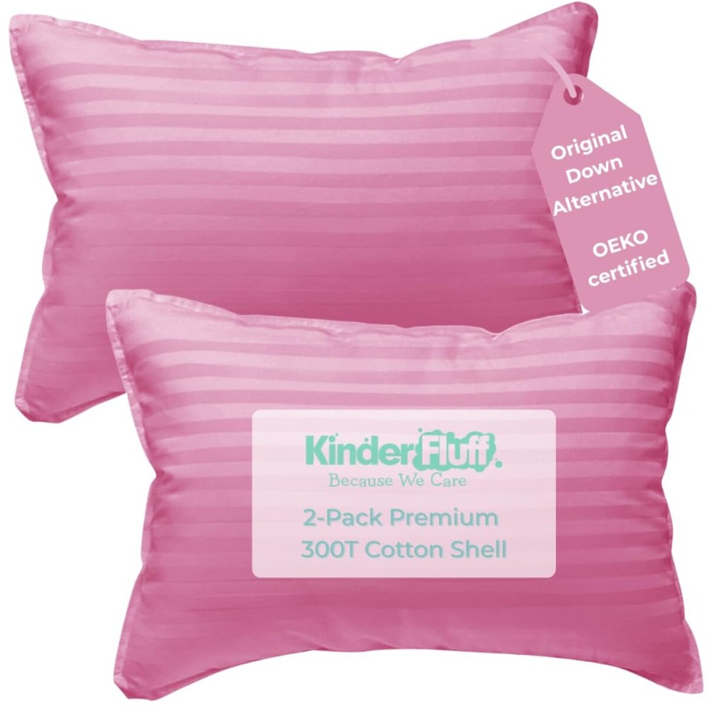 kinder Fluff Mini Toddler Pillow (2-Pack) 10x15in- Small Pillows for Kids - Hypoallergenic, Machine Washable & Lump Free - Intended for Toddlers 2+ Years- Pink- XS