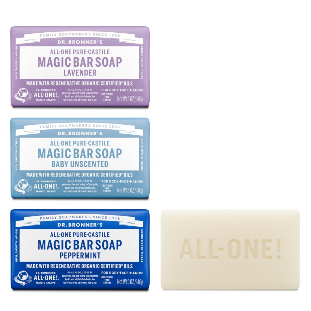 Dr. Bronner\'s Pure-Castile Magic Bar Soap- Made with Regenerative Organic Certified Oils- For Face, Body, Hair, Vegan Soap Bars for Men & Women- Variety 3-Pack, Peppermint Lavender, Unscented