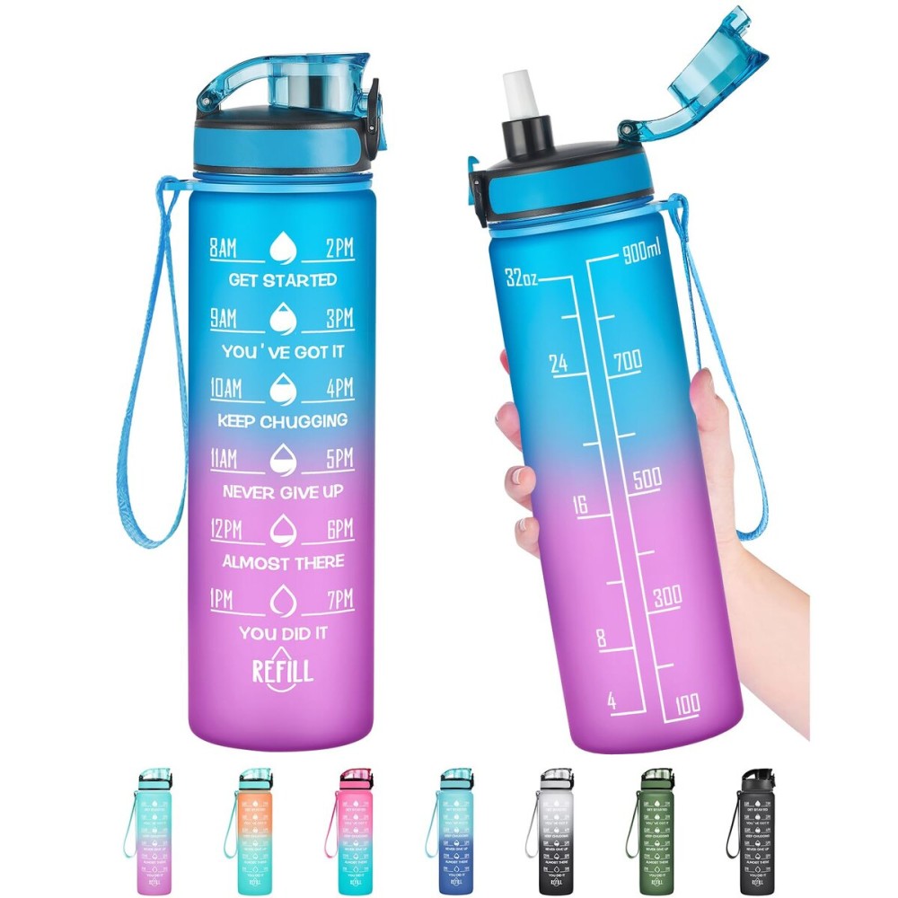Enerbone Water Bottle, Leakproof BPA & Toxic Free, Motivational Water Bottle with Times to Drink and Straw, Fitness Sports Water Bottle with Strap for Office, Gym, Outdoor Sports