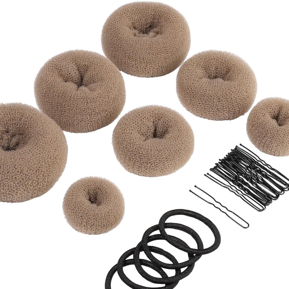 Teenitor Donut Hair Bun Maker Set, 7 Pieces Hair Bun Makers (1 extra-large, 2 large, 2 medium and 2 small), 5 pieces Hair Elastic Bands, 20 pieces Hair Pins, Tan Color