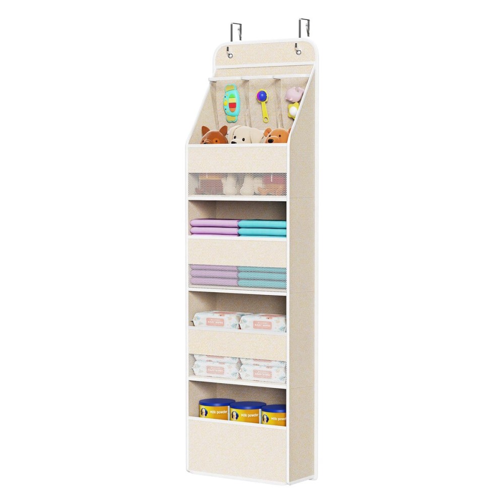 Univivi 5-Shelf Over Door Hanging Organizer Fabric Door Storage with 4 Large Pockets and 3 Small PVC Pockets Wall Mount Hanging Storage Organizers for Baby Nursery (Beige Pattern)