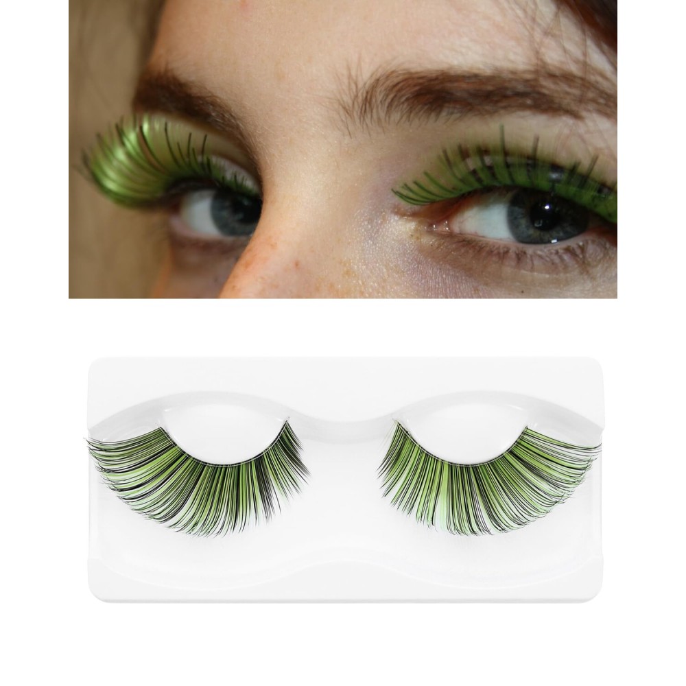 outopen 1 Pair Halloween Green Lashes Green Colored Eyelashes Green Cosplay Lashes 22mm Long Green False Eye Lash Costume Party Dramatic Look Lashes