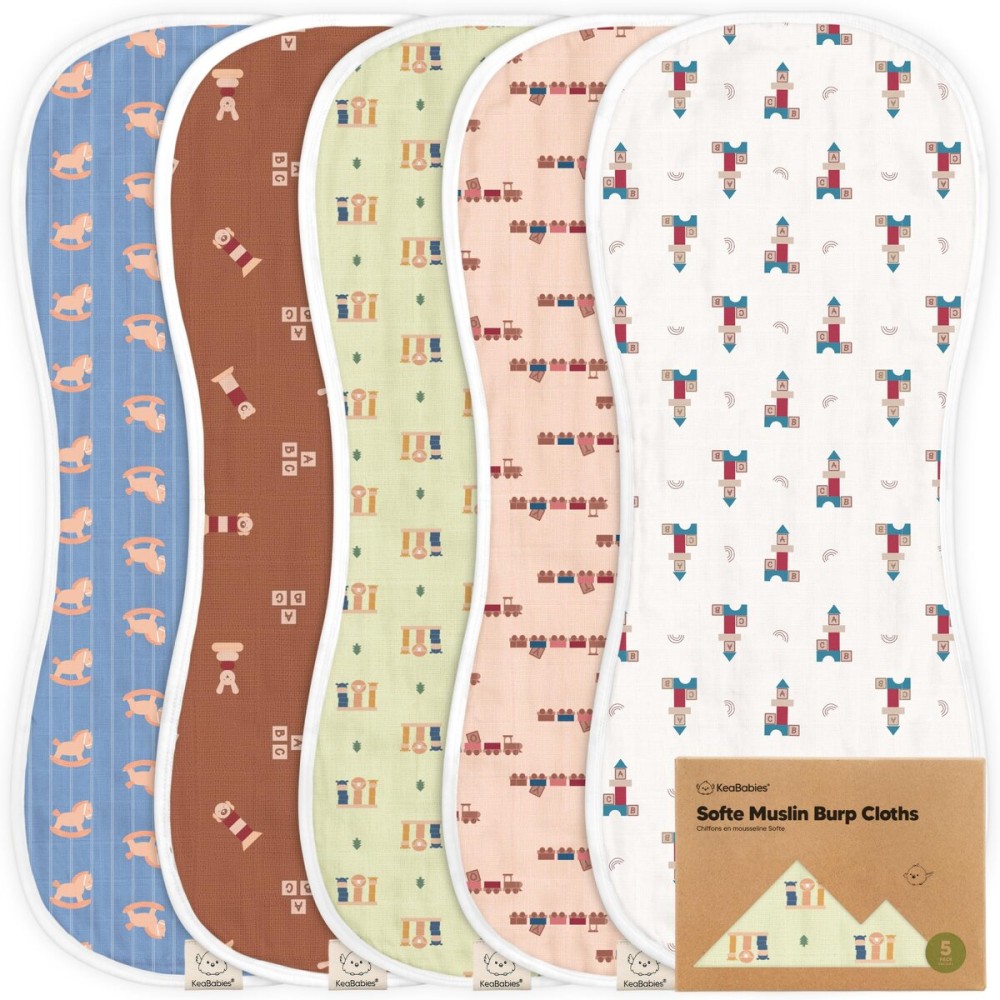 5-Pack Muslin Burp Cloths Baby Boy, Girl - Very Absorbent Baby Burp Cloth Rags, 8-Layers Viscose Derived from Bamboo Cotton Muslin Towel, Super Soft Spit Up Rags, No Shrink Washcloths (Toy Land)