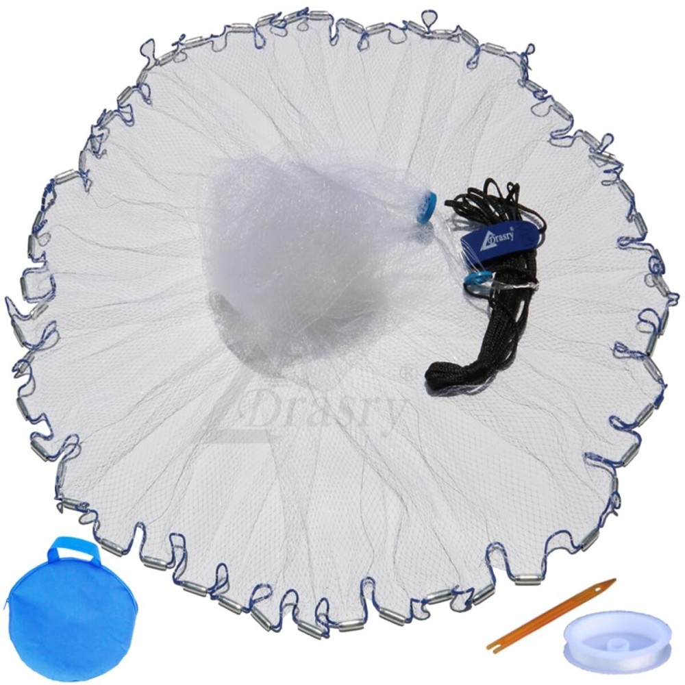 Drasry Saltwater American Fishing Cast Net 3/8inch Mesh Size for Bait Shrimp Trap Fish Heavy Duty Throw Net 3FT to 12FT Radius 8FT Radius 0.66LB/ FT