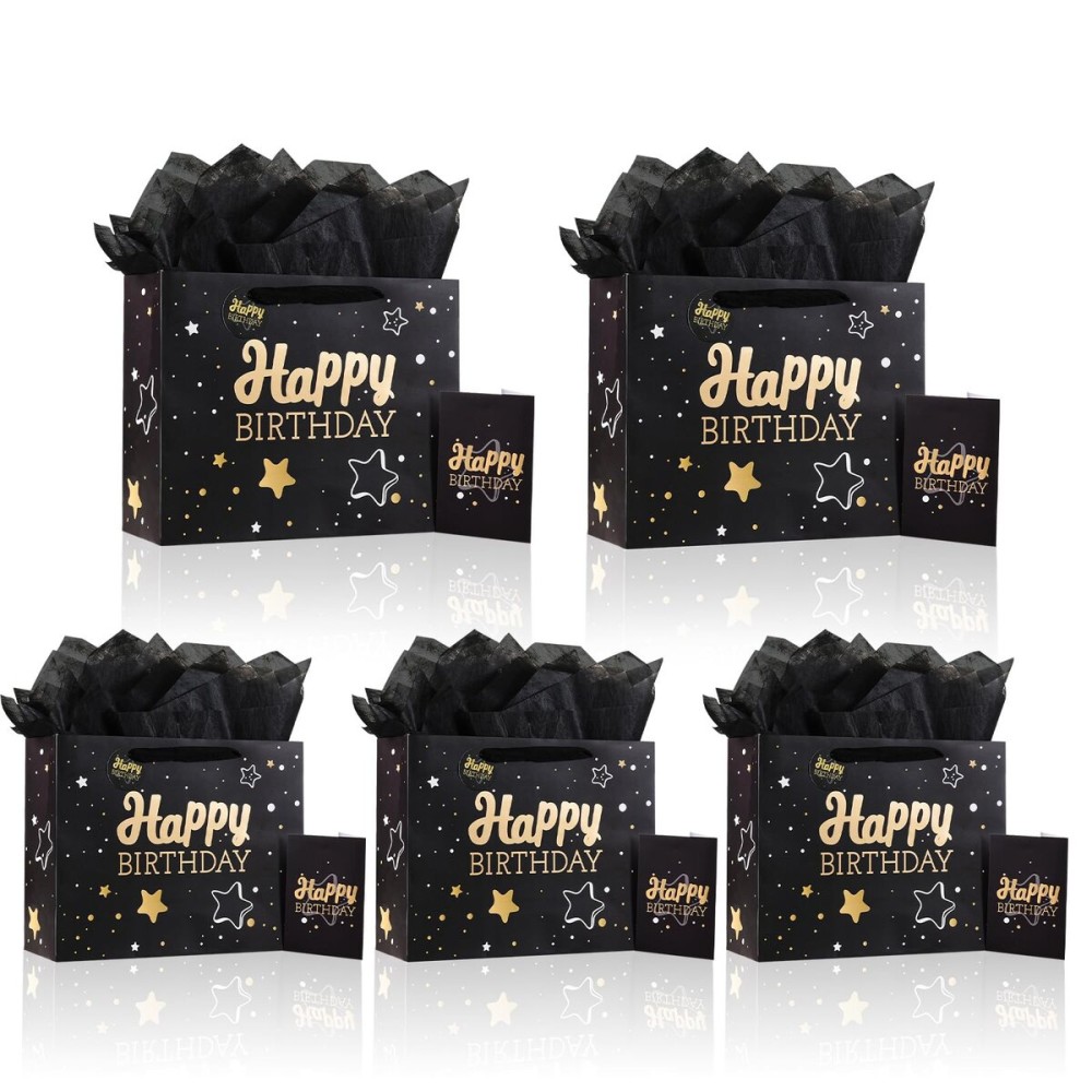 13 Black Happy Birthday Gift Bag with Tissue Paper and Greeting Card for Party,Happy Birthday Gift Bag for Men Women,Gift Bags Medium size(5 PCS Black Hot Stamping)