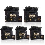 13 Black Happy Birthday Gift Bag with Tissue Paper and Greeting Card for Party,Happy Birthday Gift Bag for Men Women,Gift Bags Medium size(5 PCS Black Hot Stamping)