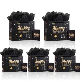 13 Black Happy Birthday Gift Bag with Tissue Paper and Greeting Card for Party,Happy Birthday Gift Bag for Men Women,Gift Bags Medium size(5 PCS Black Hot Stamping)