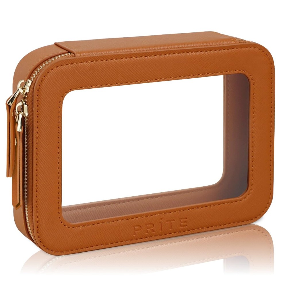 Prite Clear Makeup Bag Cosmetic Organizer Case Waterproof Travel Toiletry Bag Skincare Pouch with Golden Zipper(Brown)