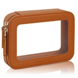 Prite Clear Makeup Bag Cosmetic Organizer Case Waterproof Travel Toiletry Bag Skincare Pouch with Golden Zipper(Brown)