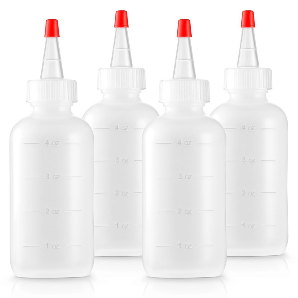 Bar5F 4-Pack Soft Squeeze Hair Applicator Bottle for Hair Treatment, Scalp Oil, Root, Color, 4 Ounce Translucent with Measuring Scale and Cap, BPA Free | Set of Bulk