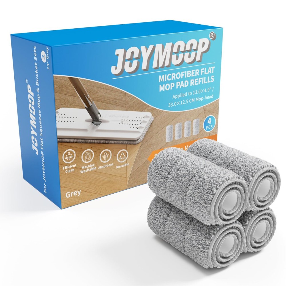 JOYMOOP Flat Mop Pads, Microfiber Mop Cleaning Pads, Washable Pads, Pads Replacement for Flat Mop or Mop Bucket Set, Pack of 4 Refills 13inch - Grey