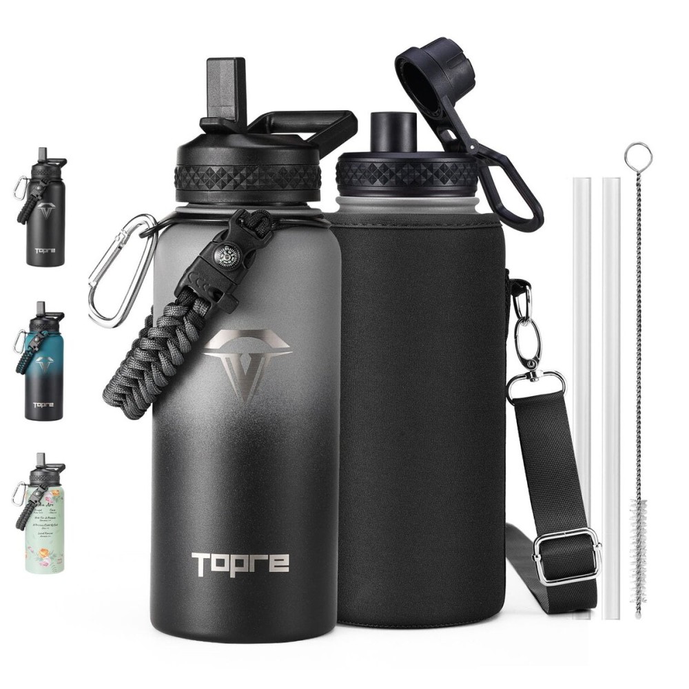 Topre 32oz Insulated Water Bottle,Stainless Steel Vacuum Water Bottle, BPA-Free & Leakproof -with Paracord Handle,Strap,Straw Spout Lids,Large Water Jug for Gym Sports