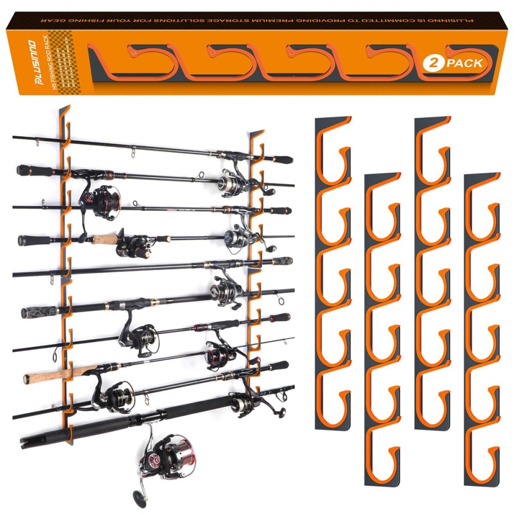 PLUSINNO Orange H5 Horizontal Fishing Rod/Pole Holders for Garage, Wall or Ceiling Mounted Fishing Rod Rack, Aviation Aluminum Fishing Holder Holds up to 5 Rod or Combos or Nets Storage Racks