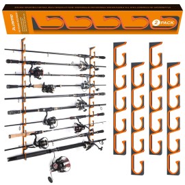 PLUSINNO Orange H5 Horizontal Fishing Rod/Pole Holders for Garage, Wall or Ceiling Mounted Fishing Rod Rack, Aviation Aluminum Fishing Holder Holds up to 5 Rod or Combos or Nets Storage Racks