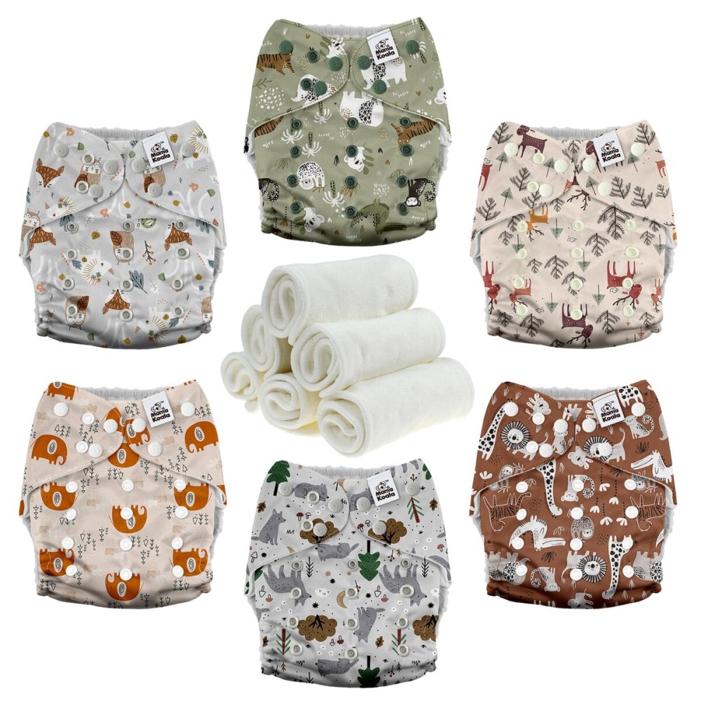Mama Koala 3.0 Cloth Diapers for Babies with AWJ Lining, 6 Pack with 6 Natural Cloth Diaper Inserts - Reusable and Washable Pocket Diapers (Animals in The Forest)
