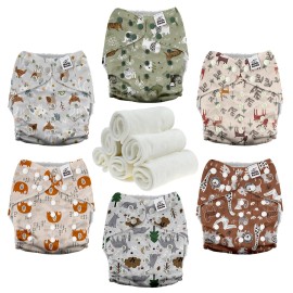 Mama Koala 3.0 Cloth Diapers for Babies with AWJ Lining, 6 Pack with 6 Natural Cloth Diaper Inserts - Reusable and Washable Pocket Diapers (Animals in The Forest)