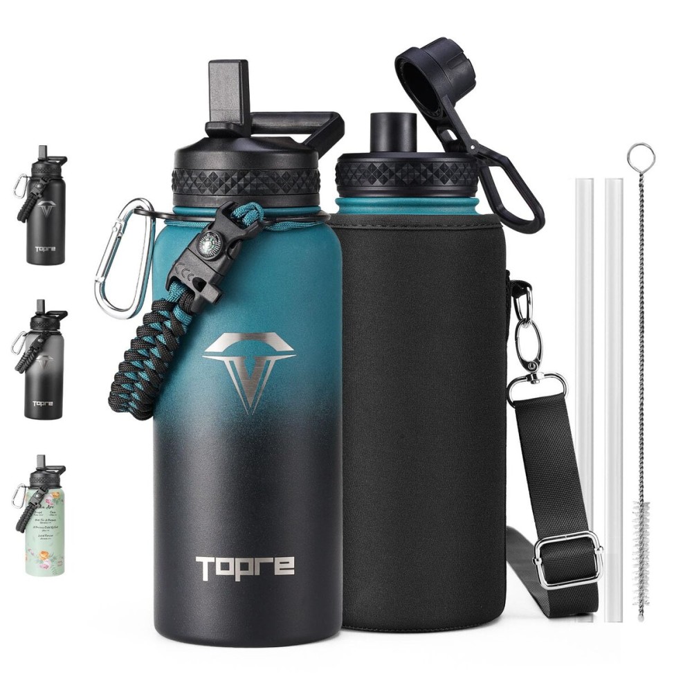 Topre 32oz Insulated Water Bottle,Stainless Steel Vacuum Water Bottle, BPA-Free & Leakproof -with Paracord Handle,Strap,Straw Spout Lids,Large Water Jug for Gym Sports