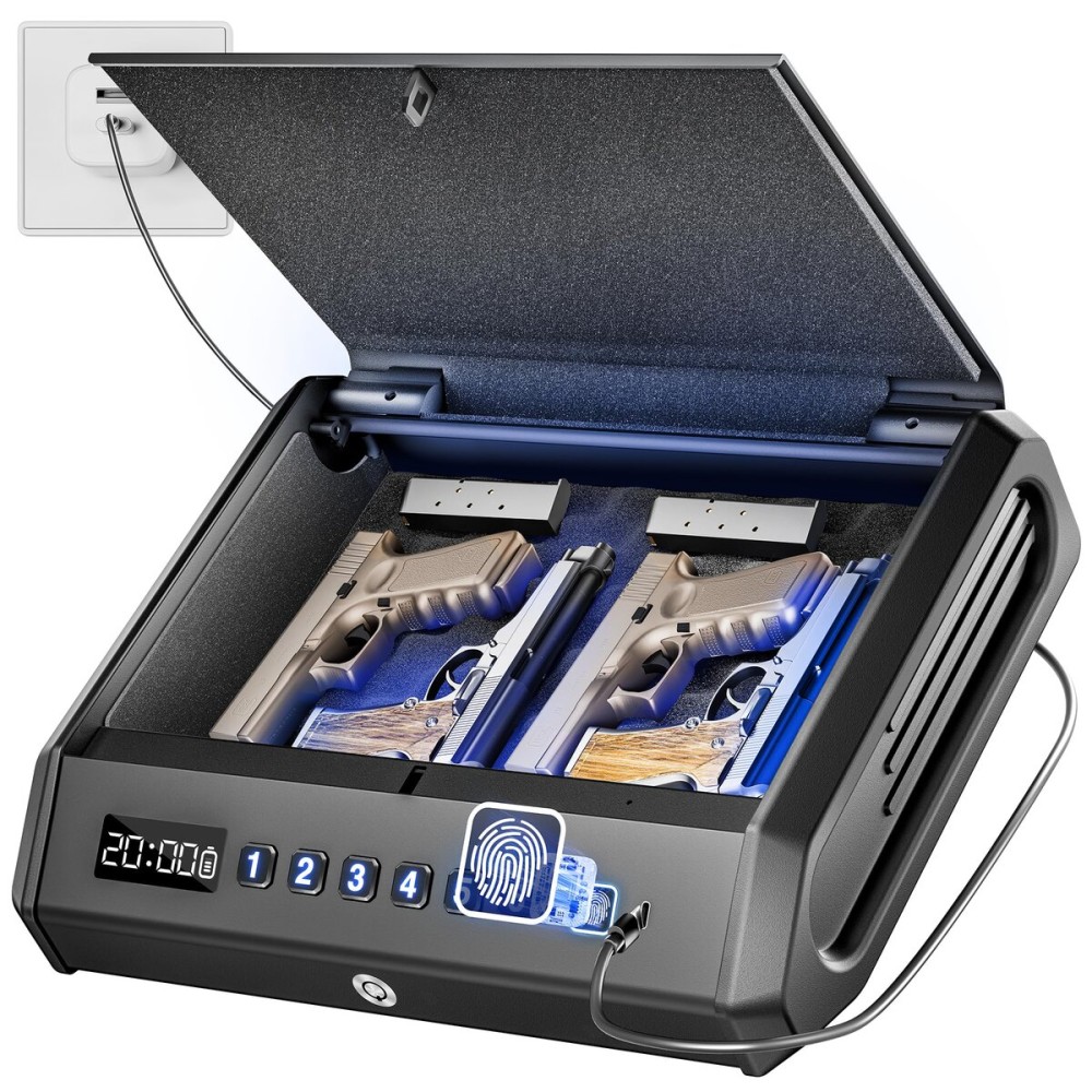 Rechargeable Gun Safe for Pistols 3-Ways unlock Biometric Fingerprint Digital PIN Key Unlock Handgun Safe with Sound/Silent, Lock box for Cloakroom living room Bedroom Nightstand and Car
