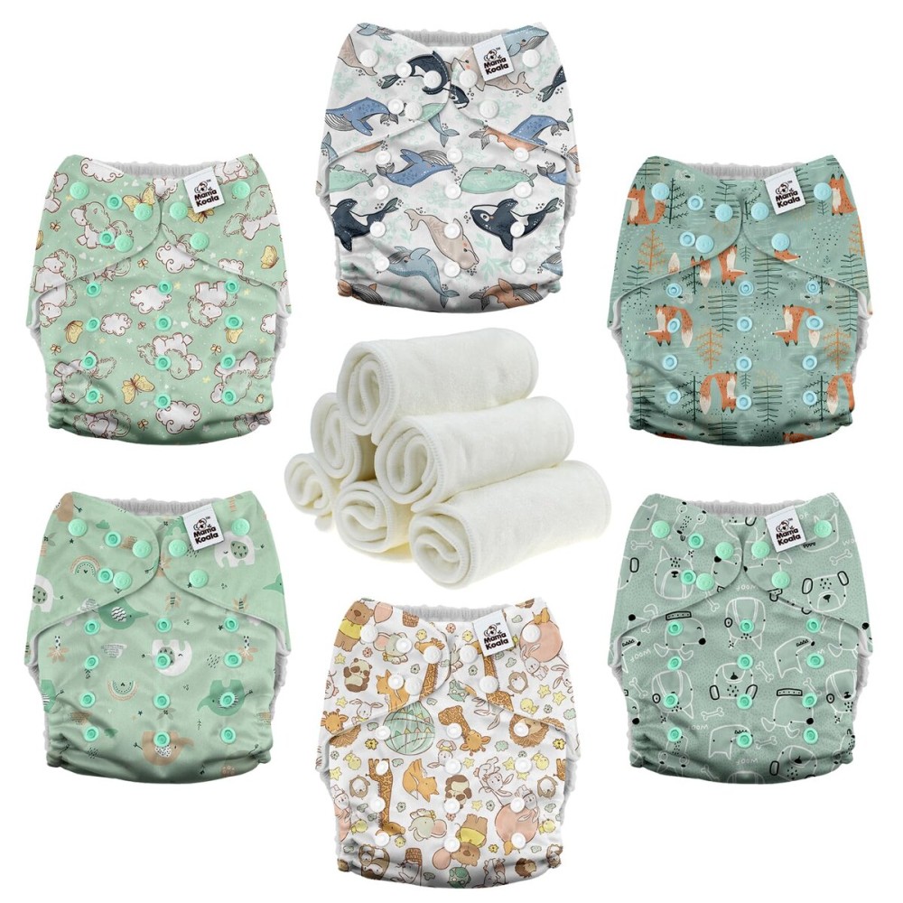 Mama Koala 3.0 Pocket Cloth Diapers for Babies with AWJ Lining, 6 Pack with 6 4-Layer Natural Cloth Diaper Inserts - Reusable and Washable Pocket Diapers (Adorable Animal)