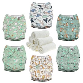 Mama Koala 3.0 Pocket Cloth Diapers for Babies with AWJ Lining, 6 Pack with 6 4-Layer Natural Cloth Diaper Inserts - Reusable and Washable Pocket Diapers (Adorable Animal)