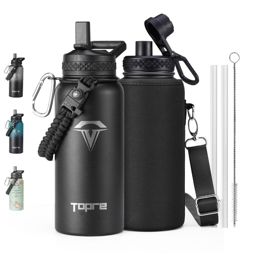 Topre 32oz Insulated Water Bottle,Stainless Steel Vacuum Water Bottle, BPA-Free & Leakproof -with Paracord Handle,Strap,Straw Spout Lids,Large Water Jug for Gym Sports
