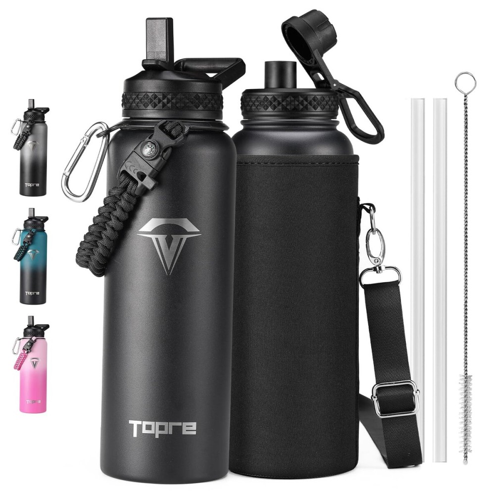 Topre 40oz Insulated Water Bottle,Stainless Steel Vacuum Water Bottle, BPA-Free & Leakproof -with Paracord Handle,Strap,Straw Spout Lids,Large Water Jug for Gym Sports