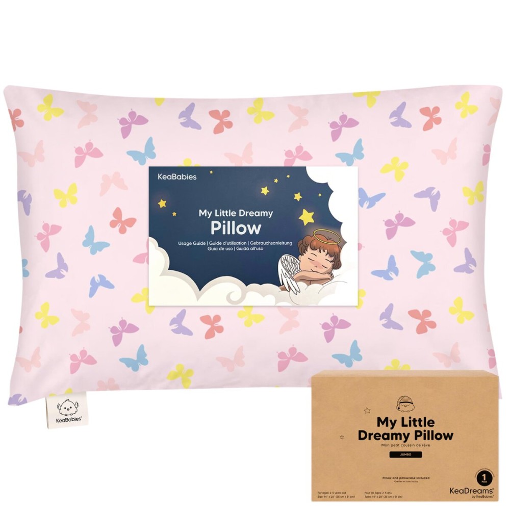 KeaBabies Toddler Pillow with Pillowcase, Jumbo 14X20 - Soft Organic Cotton Toddler Pillows for Sleeping - Machine Washable - Perfect for Travel, Toddler Bed Set (Flutter)