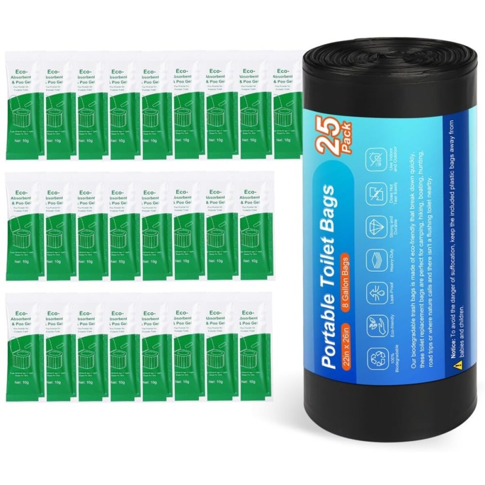 25 Portable Camping Toilet Bags Poo Gel Set, Biodegradable Compostable Thickened for 5 Gallon Bucket Toilet