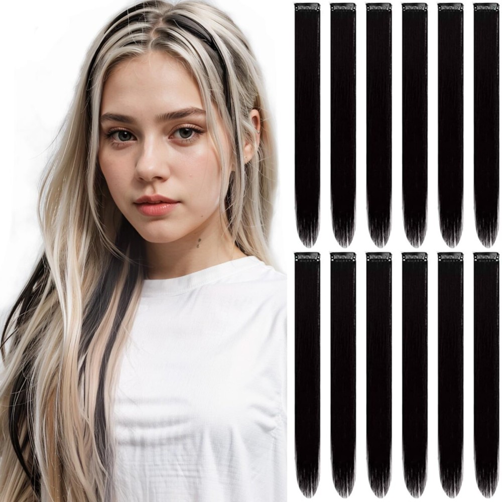 12 PCS Black Hair Extensions Clip in, Colored Party Highlights Extension for Girls Women Synthetic Hairpiece Straight 22 inch