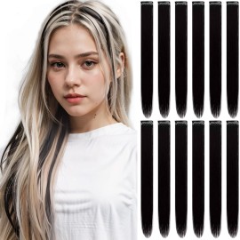 12 PCS Black Hair Extensions Clip in, Colored Party Highlights Extension for Girls Women Synthetic Hairpiece Straight 22 inch