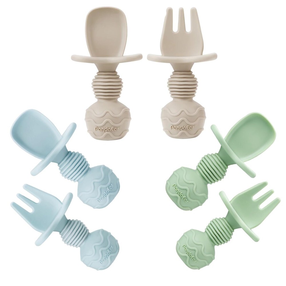 PandaEar 6 Pack Silicone Baby Spoons and Fork Feeding Set- Anti-Choke First Self Feeding Utensils for Baby Led Weaning Ages 3 Months (Blue, Green&Tan)