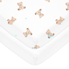 American Baby Company 2 Pack 100% Natural Cotton Fitted Mini Crib Sheets 38 x 24 - Soft & Breathable Small Nesting Portable Sheets, Fits Pack N Play Mattresses, Bear and White, for Boys & Girls