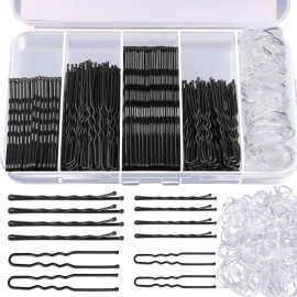Teenitor 300pcs Hair Pins Bobby Pins Black, 100 Black Bobby Pins 2 2.75100 Hair Pins for Women and 100 Clear Hair Bands Kit, U Pins for Buns 2 2.36