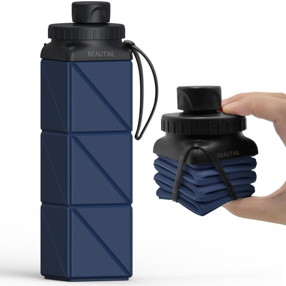 BEAUTAIL Collapsible Water Bottles, Silicone Foldable Water Bottle 610ml, BPA-Free Portable Reusable Leakproof Bottle for Gym Travel Camping Hiking Sports Outdoor, 1 Pack (Dark Blue)