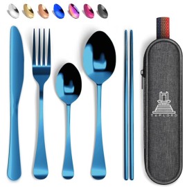 Taplord Portable Travel Silverware Set With Case, Includes 5 Pcs of Travel Utensils With Case, Stainless Steel Flatware Set For Camping, Easy to Travel, Lightweight (Blue)