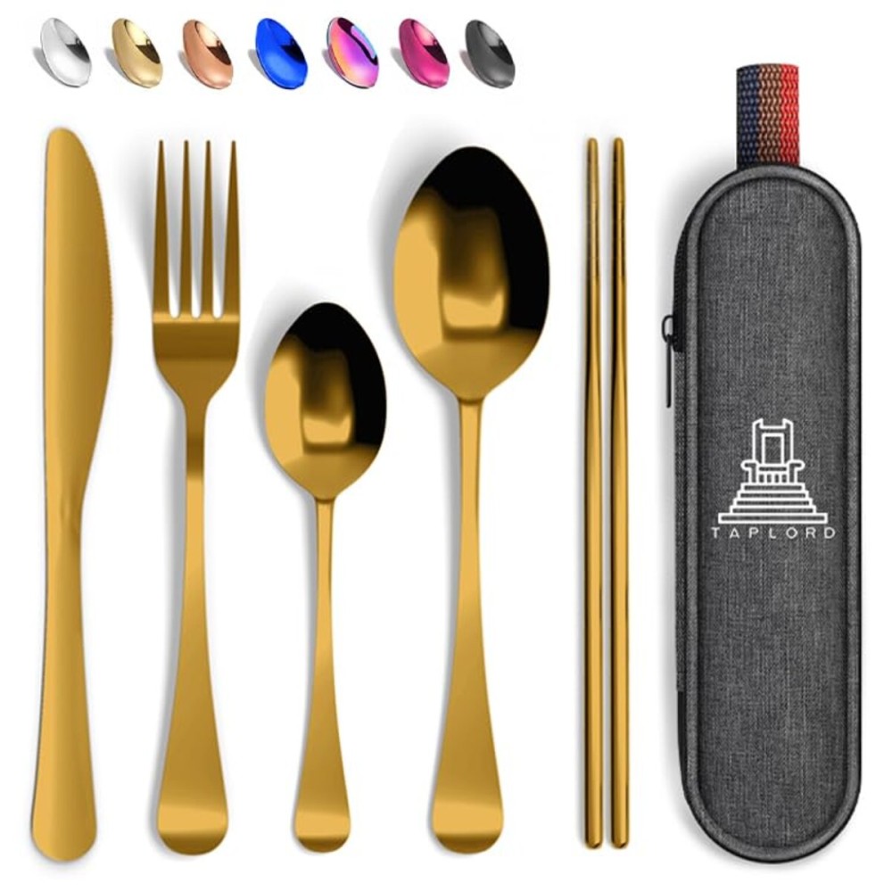 Taplord Portable Travel Silverware Set With Case, Includes 5 Pcs of Travel Utensils With Case, Stainless Steel Flatware Set For Camping, Easy to Travel, Lightweight (Gold)