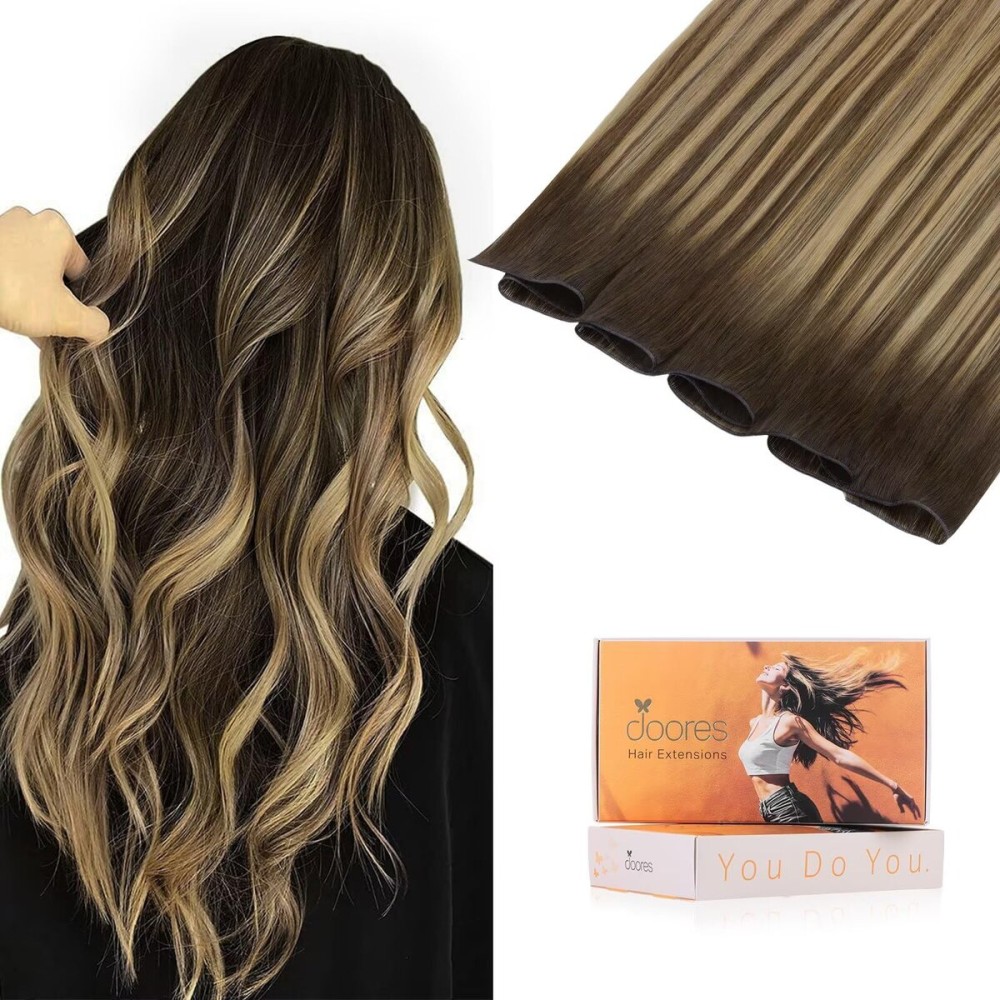 DOORES Sew in Hair Extensions Straight, 16 Inch Balayage Chocolate Brown to Caramel Blonde 50g, Genius Sew in Weft Hair Extensions