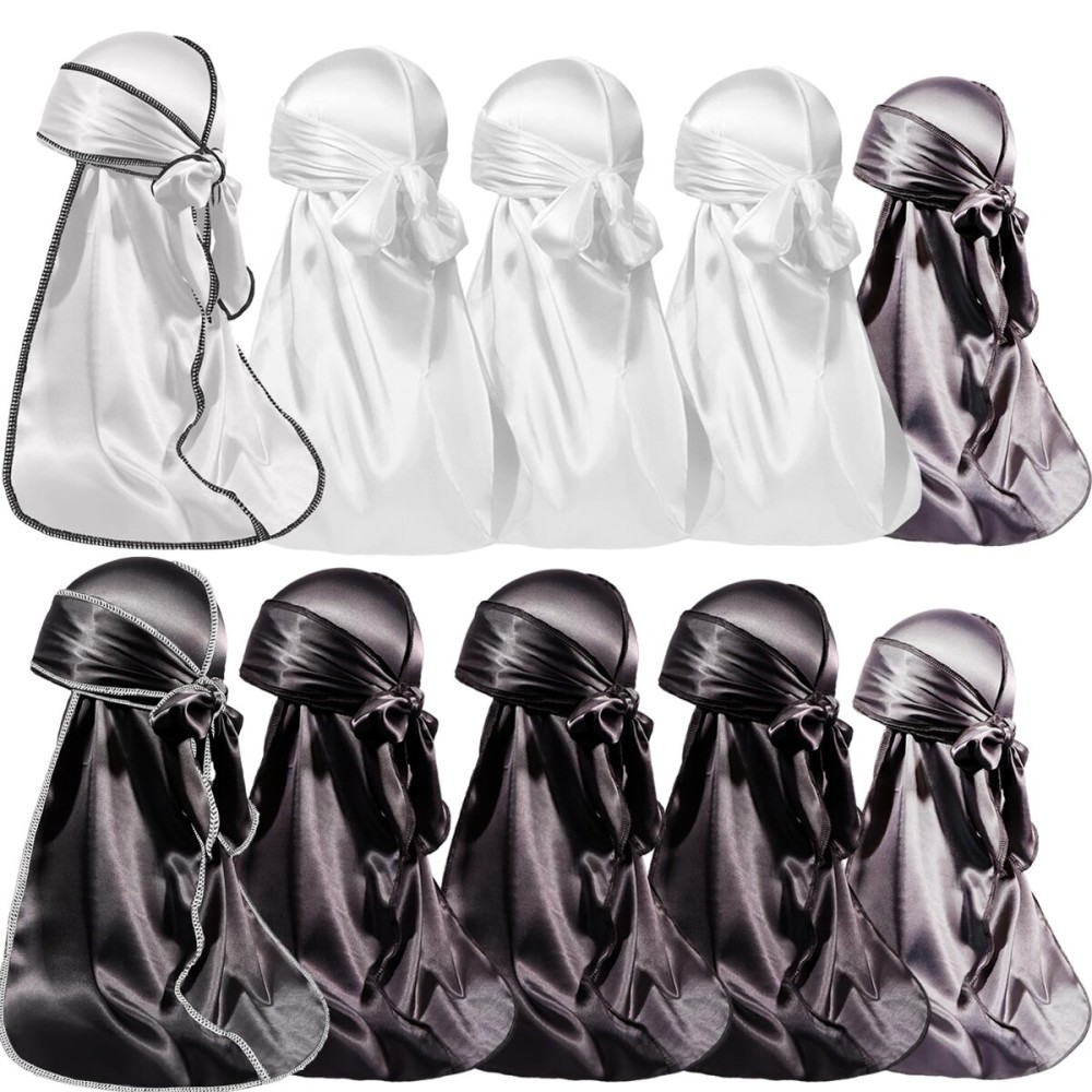 ForceWave 10 Pieces Silky Durags Long Tail for Women Men Satin Durag 360 Wave, Dorag, 10 Pieces