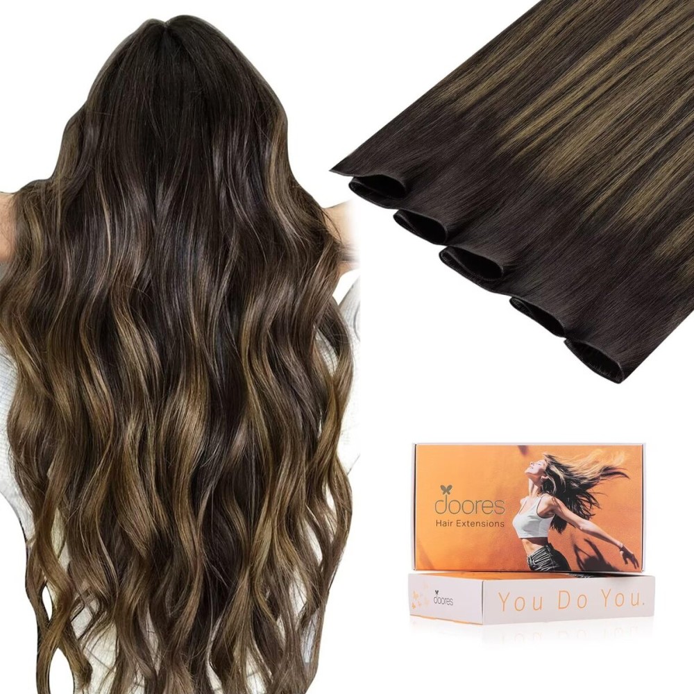 DOORES Genius Sew in Weft Hair Extensions Real Human Hair, 16 Inch Balayage Dark Brown to Chestnut Brown 50g, Real Extensions Genius Sew in Wefts