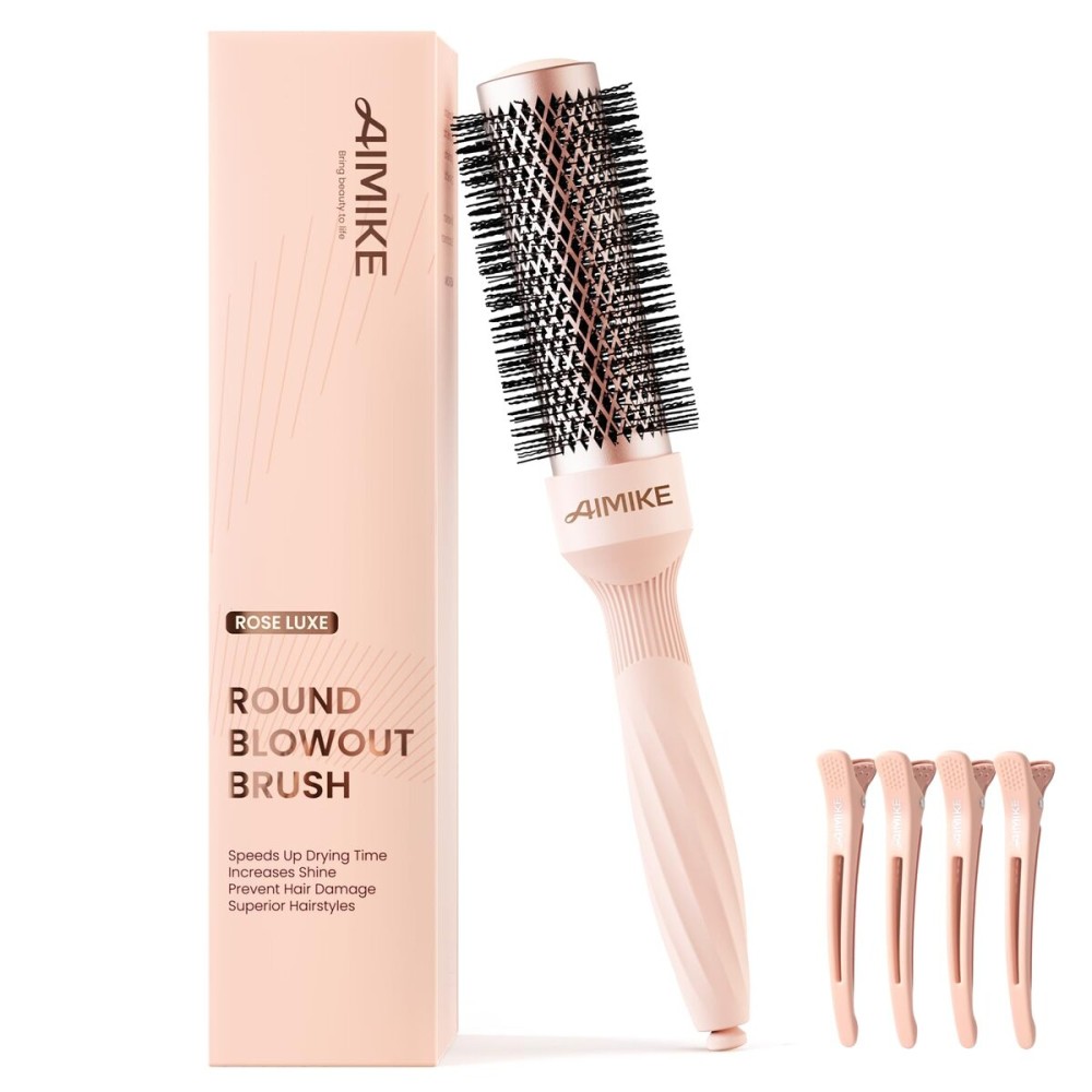 AIMIKE Round Brush for Blow Out, Rose Luxe Small Round Hair Brush w/Nano Thermal Ceramic Tech, for Blow Drying & Styling Volumizing Short Hair, with 4 Clips (Barrel 1.3, Bristle 2.1)