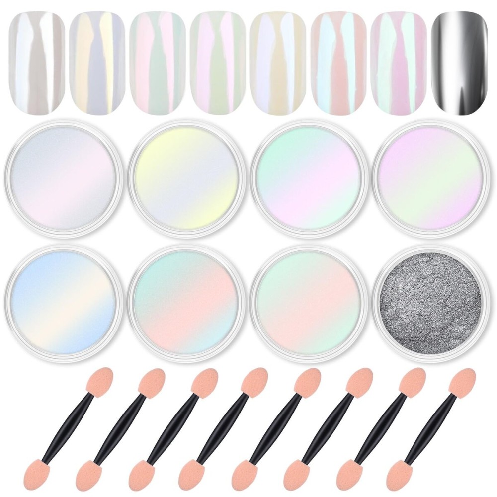 Artdone 8 Jars Chrome Nail Powder Magic White Pearl Kit Mirror Effect Silver Metallic Holographic Dip Nail Powder Decoration Iridescent Aurora Mermaid Pigment