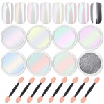 Artdone 8 Jars Chrome Nail Powder Magic White Pearl Kit Mirror Effect Silver Metallic Holographic Dip Nail Powder Decoration Iridescent Aurora Mermaid Pigment