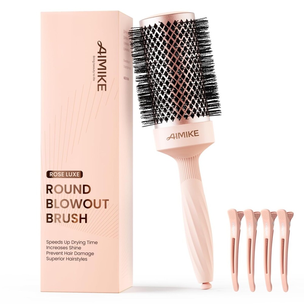 AIMIKE Round Brush for Blow out, Rose Luxe Round Hair Brush Ionic & Nano Thermal Ceramic Tech, for Blow Drying & Styling Volumizing Long Hair, with 4 Clips (Barrel 2.1, Bristle 3)