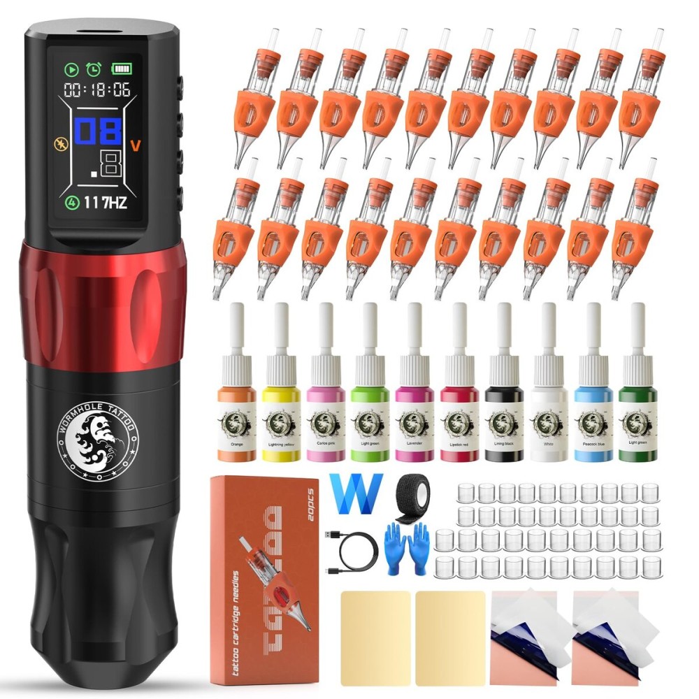 Wormhole Tattoo Gun Kit Wireless Tattoo Machine Kit Cordless Tattoo Pen Kit Pen-type Tattoo Machine Kit Complete with Tattoo Ink for Professional Artist Beginners WTK283